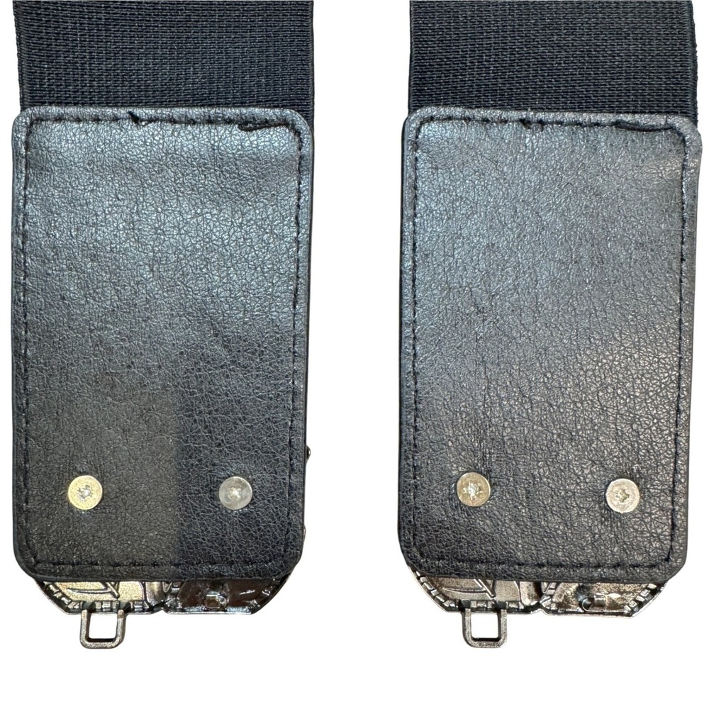 Womens Black Elastic Cinch Belt Silver Leaf Buckle Wide Waist Band 35 Inch - Picture 4 of 6